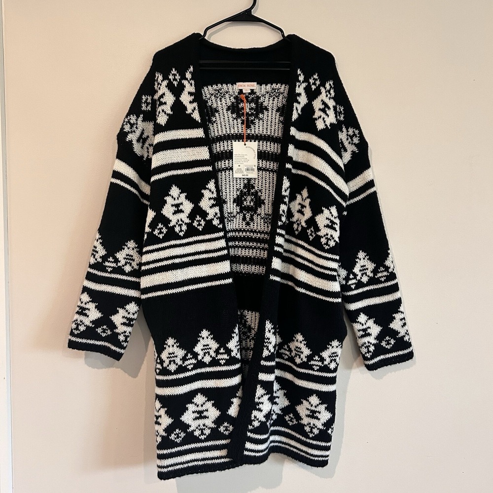 Knox Rose Long Open Front Cardigan Sweater Sz M Black White Pockets Southwest